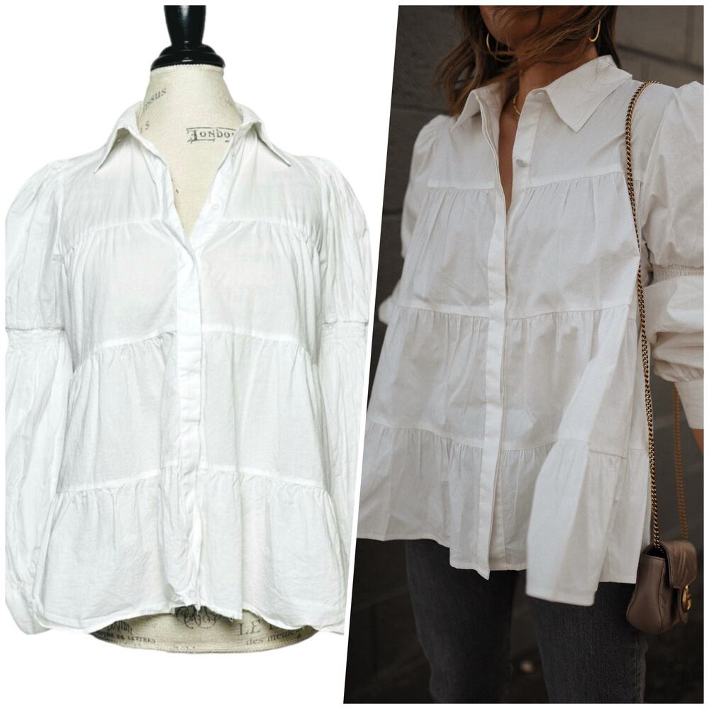 Zara | Women | White Ruffle Tiered Puff Sleeve Babydoll Button Up Top | Small